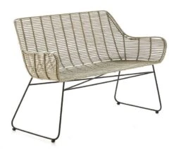 Banc 2 Places Osier Tissé Gris Et Pieds Métal Noir