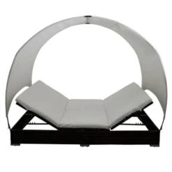 Lit De Jardin Avec Toit Tissu Blanc Et Résine Marron Khoa -Meubles Soldes Boutique lit de jardin avec toit tissu blanc et resine marron khoa 386593