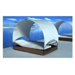 Lit De Jardin Avec Toit Tissu Blanc Et Résine Marron Khoa -Meubles Soldes Boutique lit de jardin avec toit tissu blanc et resine marron khoa 386594