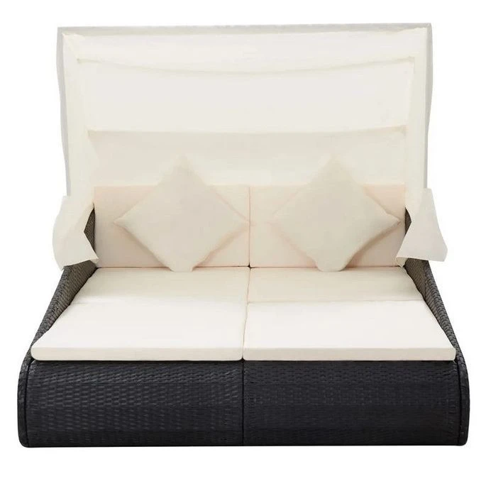 Lit De Jardin Avec Toit Tissu Blanc Et Résine Tressée Noire Nov 4 Lit De Jardin Avec Toit Tissu Blanc Et Résine Tressée Noire Nov – Image 2