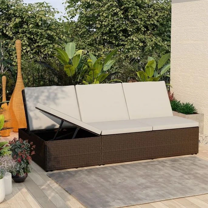 Lit De Jardin Tissu Blanc Et Résine Tressée Marron Viali 7 Lit De Jardin Tissu Blanc Et Résine Tressée Marron Viali – Image 5