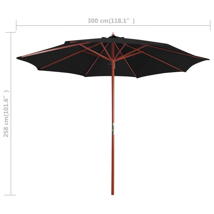 Parasol Avec Mât En Bois 300x258 Cm Noir 8 Parasol Avec Mât En Bois 300x258 Cm Noir – Image 6