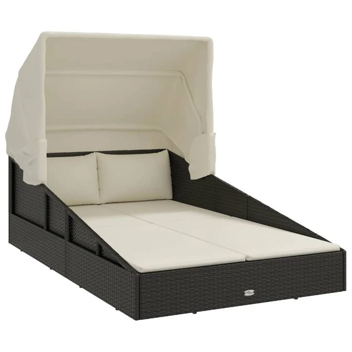 Transat Avec Toit Pliable Noir 200x114x128 Cm Résine Tressée 4 Transat Avec Toit Pliable Noir 200x114x128 Cm Résine Tressée – Image 2